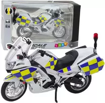 Metalinis policijos motociklo modelis su šviesos ir garso efektais, 1:12, baltas