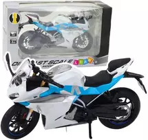 Metalinis sportinio motociklo modelis su šviesos ir garso efektais, 1:12, baltas/mėlynas
