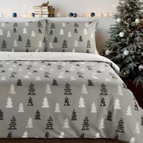Eurofirany Kalėdinis patalynės komplektas, 160x200 cm flanelinis antklodės užvalkalas su pagalvių užvalkalais, pilka spalva su eglutėmis, jaukūs žieminiai patalai