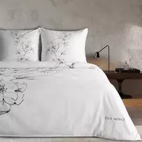 Eurofirany Medvilninio satino patalynės komplektas, 220x200 cm antklodės užvalkalas su 2 pagalvių užvalkalais, baltas su juodu gėlių raštu, užtrauktukas, didelėms lovoms, miegamojo tekstilė