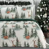 Eurofirany Kalėdinis patalynės komplektas 160x200, medvilninė šventinė patalynė, elnių ir eglučių patalynė, balta ir žalia patalynė, šventinio sezono patalynė