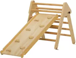 AIYAPLAY 2-in-1 laipiojimo rinkinys su čiuožykla, trikampis laipiojimui ir čiuožimui, medinis laipiojimo žaislas, 1,5–4 metų vaikams, vidaus naudojimui, natūrali mediena