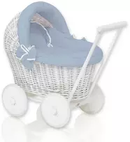 Lėlių vežimėlis pintas baltas su patalyne melsvas Stella
