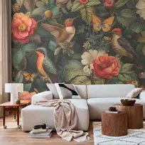 Artgeist Fototapetas - Flowers, birds and butterflies – vintage-style illustration