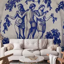 Artgeist Fototapetas - Ancient vineyard - three women in a portal painted with mėlynas ink