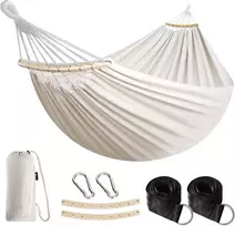 Anyoo lauko hamakas su tvirtinimo diržais, 270 x 150 cm, iki 200 kg, polimedvilnė, smėlio spalvos, AY-Stripes-Hammock-baltas-40