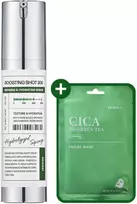 Tony Moly Skin627 „Boosting Shot 300“ + „Cica“ su žaliąja arbata lakštinės kaukės rinkinys: veido serumas 50 ml + lakštinė kaukė 22 ml