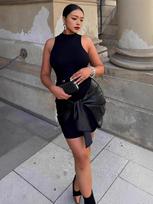 Women's Solid Sleeveless Mini Dress with Lace-Up PU Detail (2025 Design) S juoda