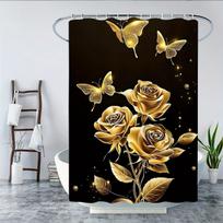 1/4pcs Romantic Golden Rose Butterfly Bath Set Luxury Waterproof Shower Curtain with Anti Slip Absorbent Carpet and Toilet Lid Pad Exquisite Gift 1 Shower curtain (71*71 inches)