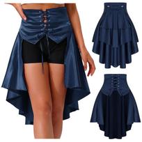 S-3XL Women's Steampunk High-low Skirt: Front Lace-up Eyelets Tiered Ruffled Irregular Hem Satiny Design with Waist Belt S tamsiai mėlyna spalva