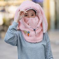 Drawstring Rabbit Ear Balaclava Hat Solid Color Fleece Pullover Cap Soft Masks Hood Beanies  Winter rožinė