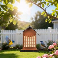 Outdoor Hanging Bird Food Feeder House Shape Metal Feeding Dispenser Double-layer Bird Food Cage For Attracting Wild Birds CN