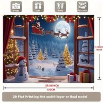 2D Christmas Party Backdrop, Window Scene & Santa's Sleigh Photography Background 47.2x31.5inch/120*80cm