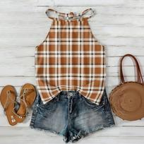 Women Sleeveless Plaid Print Bohemian Style Tank Top Lightweight Casual Summer Blouse with Adjustable Straps and Relaxed Fit XL chaki