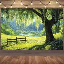 2D Spring Field Background Cloth Lush Willow Tree and Scenic Rural Landscape Decor 47.2x31.5inch/120*80cm