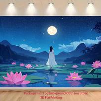 2D Night Sky Mountain Water Lily Backdrop Cloth for Events 47.2x31.5inch/120*80cm