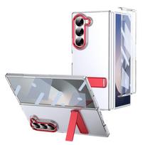 KEYSION Transparent Case for Samsung Z Fold 6 5 4 3 5G Hard PC Metal Kickstand Shockproof Phone Back Cover with Screen Protector for Galaxy Z Fold 3 raudona