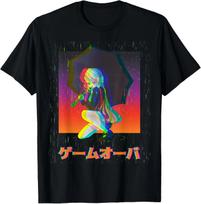 Sad Anime Girl Game Over Glitch Japanese Vaporwave T-Shirt L