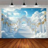 2D Heaven Palace Backdrop White Gold Cloud Stairs Photography Background 47.2x31.5inch/120*80cm