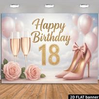 2D Pink Rose Gold 18th Birthday Party Backdrop, High Heel & Champagne Photo Booth Background 47.2x31.5inch/120*80cm