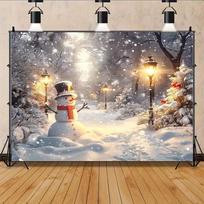 2D Christmas Snowman Photography Backdrop, Snowy Street Lamp & Forest Scene 47.2x31.5inch/120*80cm