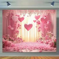 2D Pink Heart Balloon Backdrop, 2D Flat Curtain with Roses Banner for Bridal Shower Party 47.2x31.5inch/120*80cm