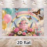 2D Whimsical Rainbow Backdrop, Happy Birthday with Butterflies & Cake Party Background 47.2x31.5inch/120*80cm