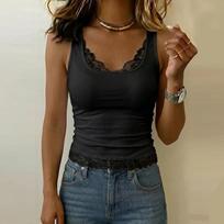 Women’s Sleeveless Lace Trim Tank Top Soft Ribbed Knit Camisole Scoop Neck Fitted Vest Undershirt Layering Shirt S juoda