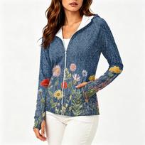 Women's Long Sleeve Zip Up Hoodie Lightweight Sun Protection Jacket with Hood and Pockets Floral Print Outdoor Activewear XL raudona