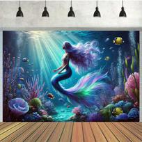 2D Ocean Coral Reef Mermaid Backdrop for Live Streaming & Decoration 47.2x31.5inch/120*80cm