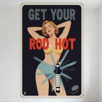 DORA Tin Sign Vintage Sexy Pinup Girl  Spark Plug Metal Tin Sign Dark Blue Black Background White Border GET YOUR ROD HOT Retro Hot Rod De 20x30cm（7.8x11.8inch）