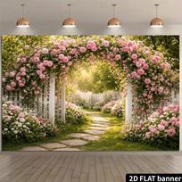 2D Romantic Floral Garden Background Cloth Lush Pink Roses & White Fence Decor 47.2x31.5inch/120*80cm