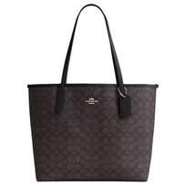 COACH City 33 logotipas plokštelė magnetinis užsegimas Rankinė-tote Rankinė-tote pirkinių krepšys rankinė dengtas drobės peties rankinė didelio dydžio moteriška juoda su rudomis detalėmis juoda