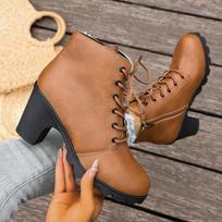 Moteriški platūs batai su storu kulnu, suvarstomi ankle boots Martin stiliaus, Europos storapadžiai žiemos batai moterims 36 šokoladas