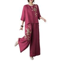 Women's 2 Piece Outfits Vintage Embroidered Leg Pants Set Shirts Wide 46085 Sleeve Summer Cotton Linen M vyno raudonos spalvos