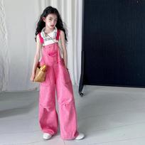 Kids Pink Denim Dungarees Bib Jeans Teens Girl Casual Suspender Jumpsuit Child Fashion Jeans Overalls 120cm rožinė