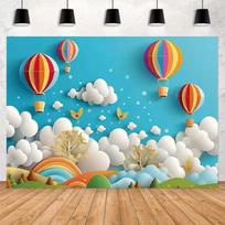 2D Cartoon Hot Air Balloon & Rainbow Backdrop for Baby Party 47.2x31.5inch/120*80cm