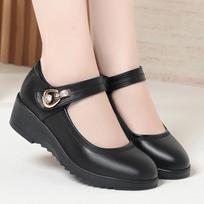 Soft-soled Women's Leather Shoes with Velcro Closure, Comfortable Flat Shoes for Middle-aged and Elderly Women, Spring and Autumn Single Shoes 35 juoda