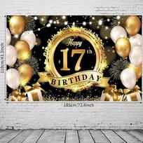 2D Happy 17th Birthday Backdrop, Black Gold Banner with Lights & Gifts for Photo Booth 47.2x31.5inch/120*80cm