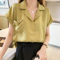Blusas Casual Short Sleeve Satin Shirt Womens Summer Sweet Blouse For Women Solid Polo Collar Shirt Top Chic Elegant  27916 S geltona