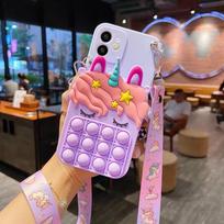 3D Animacinis Piniginė Telefono Dėklas Skirta Samsung Galaxy S24 Ultra S23 S22 Plus S21 S20 FE S10 S9 S8 Dirželis Kaklo Grandinėlė Vienaragis Dangtelis Galaxy S24 Ultra&Case & Strap violetinė