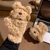 Acrylic Fibers Cartoon Bear Gloves Windproof Anti-cold Mittens Fashion Winter Plush Gloves  Outdoor smėlis