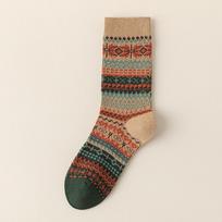 Moteriškos retro etninės medvilninės kojinės iki pusės blauzdos, surauktos - Dvigubos adatos, universalus rudens/žiemos stilius One Size chaki