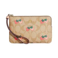 Coach Corner Zip 16 Classic Floral Strawberry Print Coated Canvas Leather Wallet Clutch Small Women wallets Light-Khaki CB592-IMOT4 Basic Set (Bag+Dust Bag)