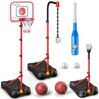 Kids 3-In-1 Basketball Hoop And T Ball Set Adjustable Toddler Basketball Hoop Hanging Tee Ball Outdoor Birthday Sport Toys