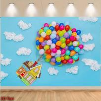 2D Cartoon Balloon House Backdrop for Children's Photoshoot 47.2x31.5inch/120*80cm