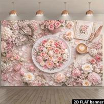 2D Shabby Chic Floral Backdrop - Pink Rose & Coffee Themed Party Banner 47.2x31.5inch/120*80cm