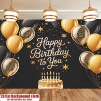 2D Black Gold Birthday Backdrop - Cake & Confetti Balloon Party Photography Banner 47.2x31.5inch/120*80cm