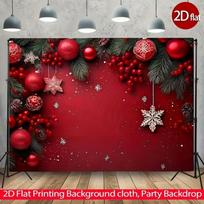 2D Flat Red Christmas Backdrop, Xmas Ornament & Holly Berry Photography 47.2x31.5inch/120*80cm