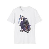 Grim Reaper Bicycle T-Shirt, Funny Graphic Tee, Halloween Costume Shirt S įvairiaspalvis